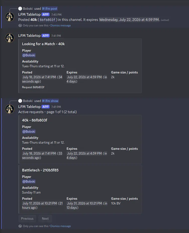 Discord showing a posted LFM request and the private list of active tabletop match requests